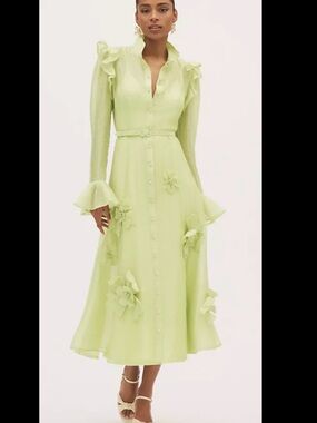 Leo Lin - Lime Green Floral-Appliqué Midi Shirt Dress - worn once!